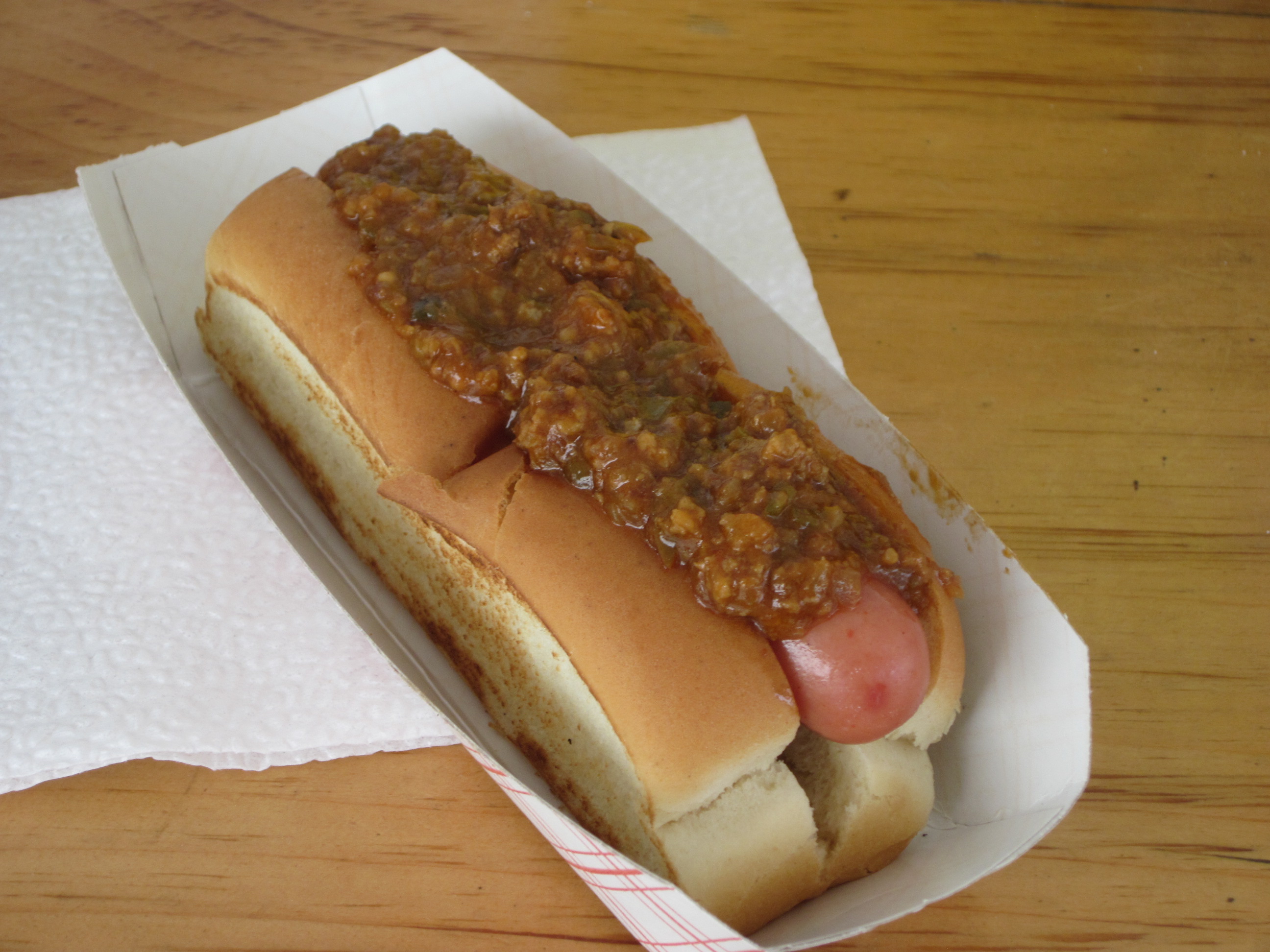 A Michigan Hot Dog from Top Dog, onions under