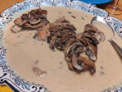 "Chicken breasts with mushrooms and a cider cream sauce"
