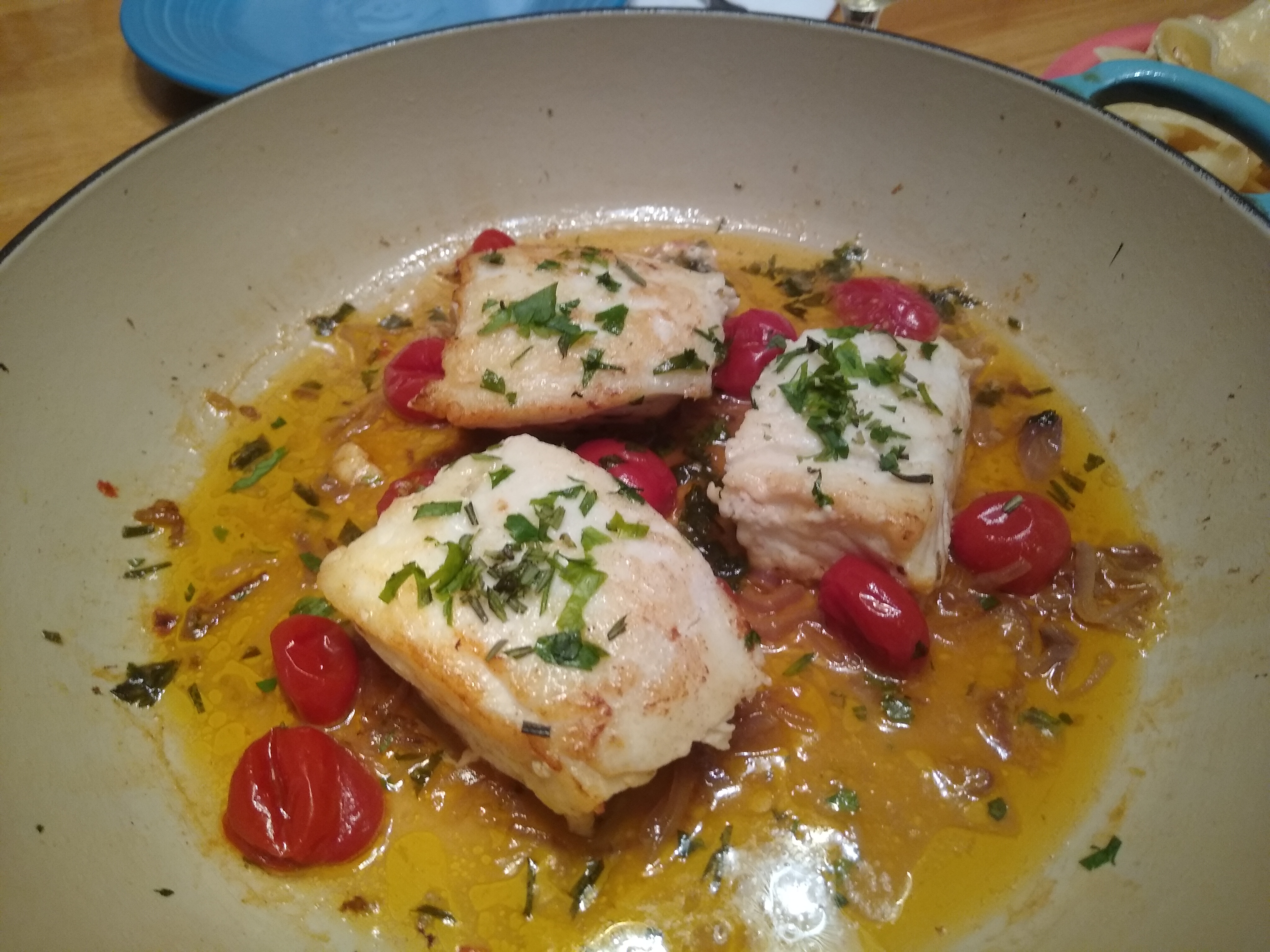 Halibut Braised with Herbs and Cherry Tomatoes