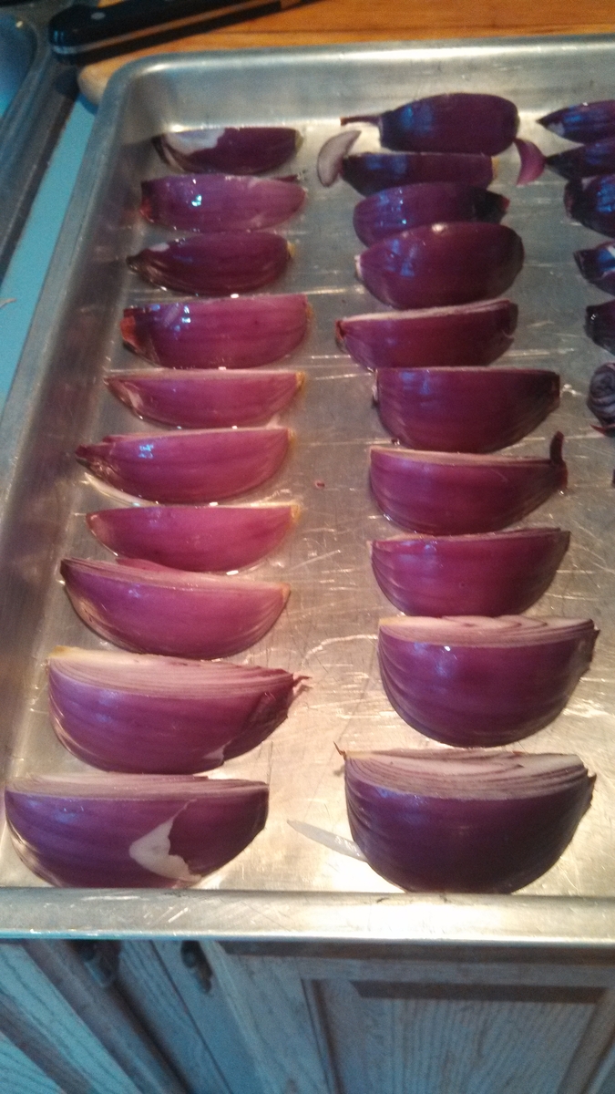 Red Onions cut and ready for roasting